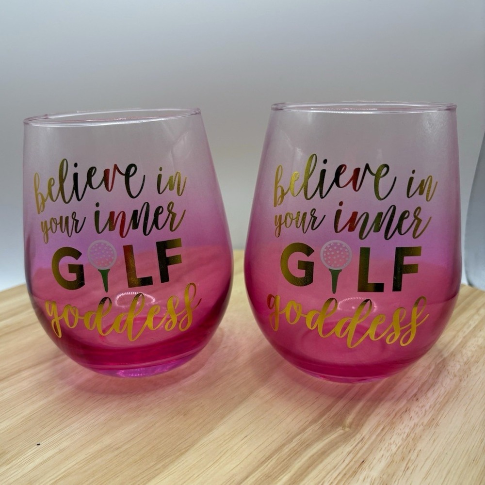 Set 2 Pink Ombre Stemless Wine Glasses Gold Believe in Your Inner Golf Goddess
